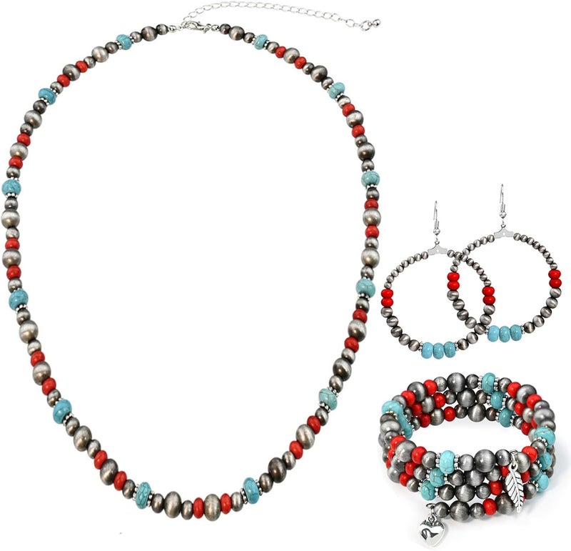 JMScape 4 PCS Western Turquoise Jewelry for Women Boho Vintage Navajo Pearl Necklace Earring Bracelet Ring Set Country Cowgirl Accessories for Gift - Image 1
